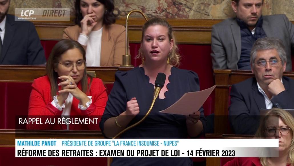 Mathilde Panot lors de la reprise des débats sur la réforme des retraites, mardi 14 février 2023