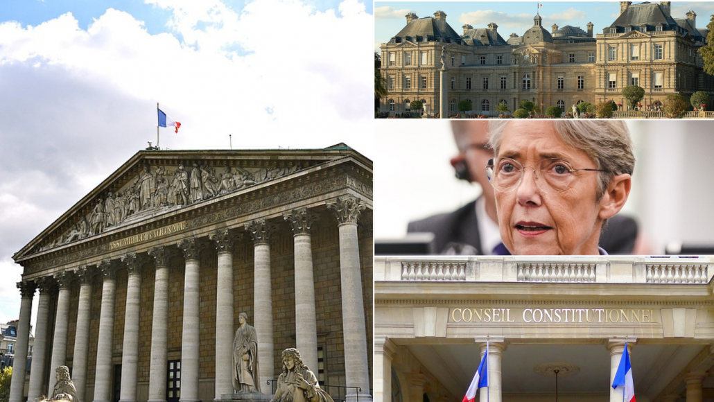 Photomontage de l'Assemblée nationale, du Sénat, d'Elisabeth Borne et du Conseil constitutionnel. Crédits photo : Wikipédia (licence Creative commons)