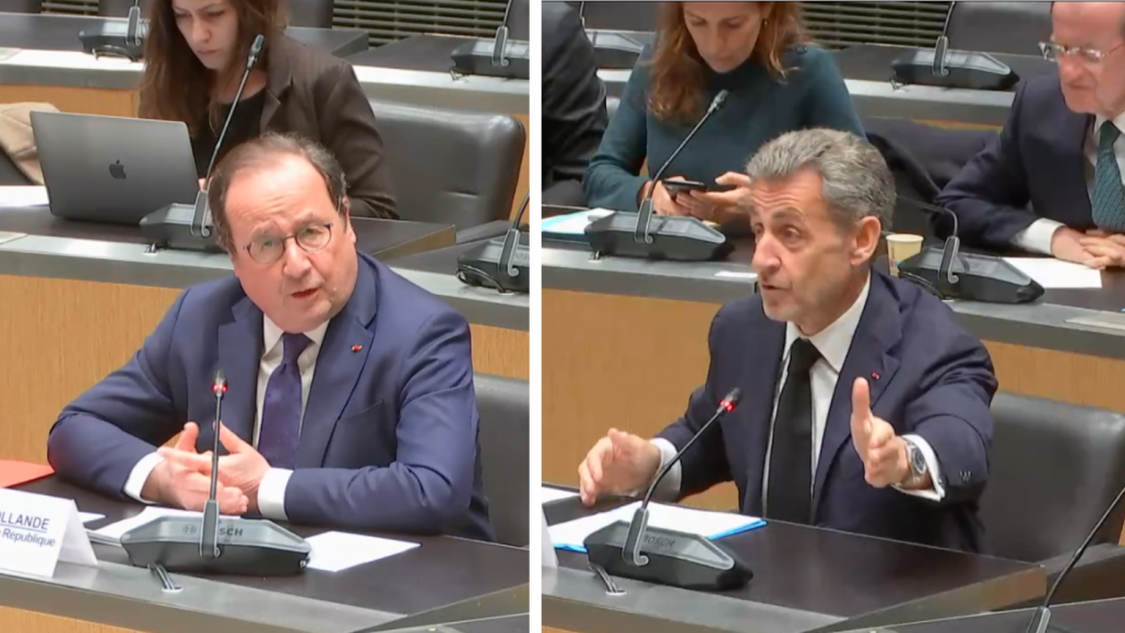 Les anciens présidents de la République François Hollande (à gauche) et Nicolas Sarkozy (à droite), auditionnés à l'Assemblée nationale le 16 mars 2023.