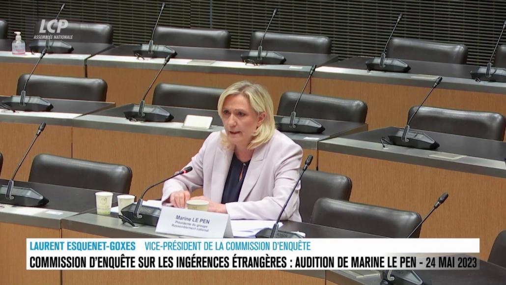 Marine Le Pen lors de son audition à l'Assemblée nationale, mercredi 24 mai 2023