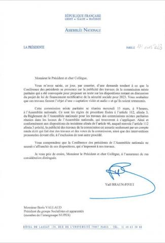 Courrier Présidence de l'Assemblée nationale à Boris Vallaud