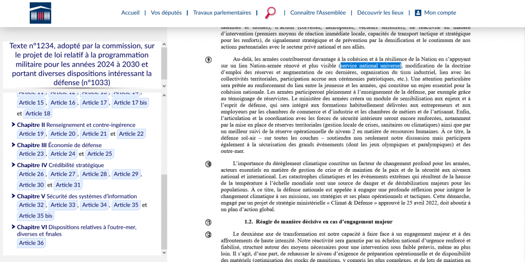 Le SNU évoquédans le rapport annexé à la LPM 2024-2030. Source : site institutionnel de l'Assemblée nationale.